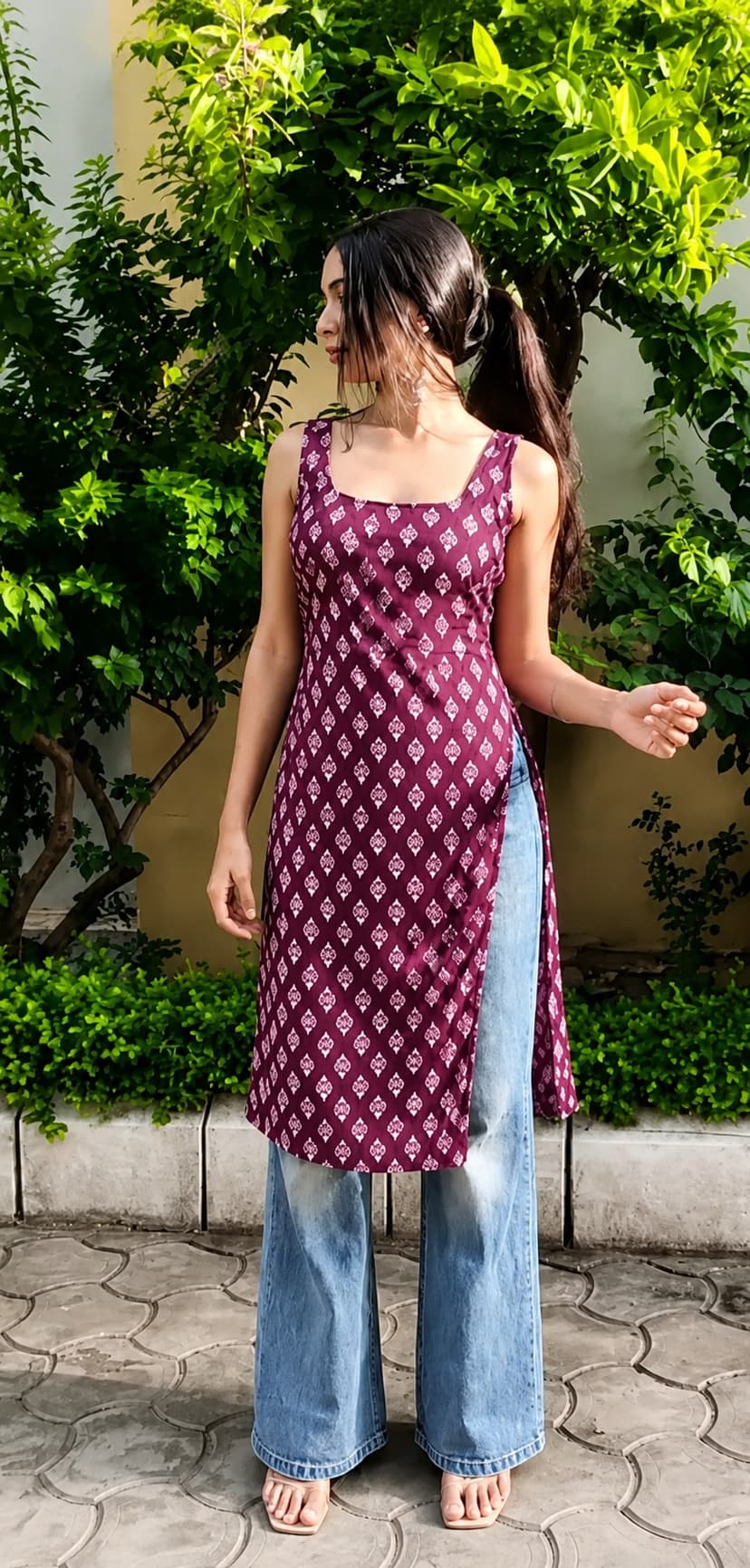 Maroon Long Half-Sleeve Kurti